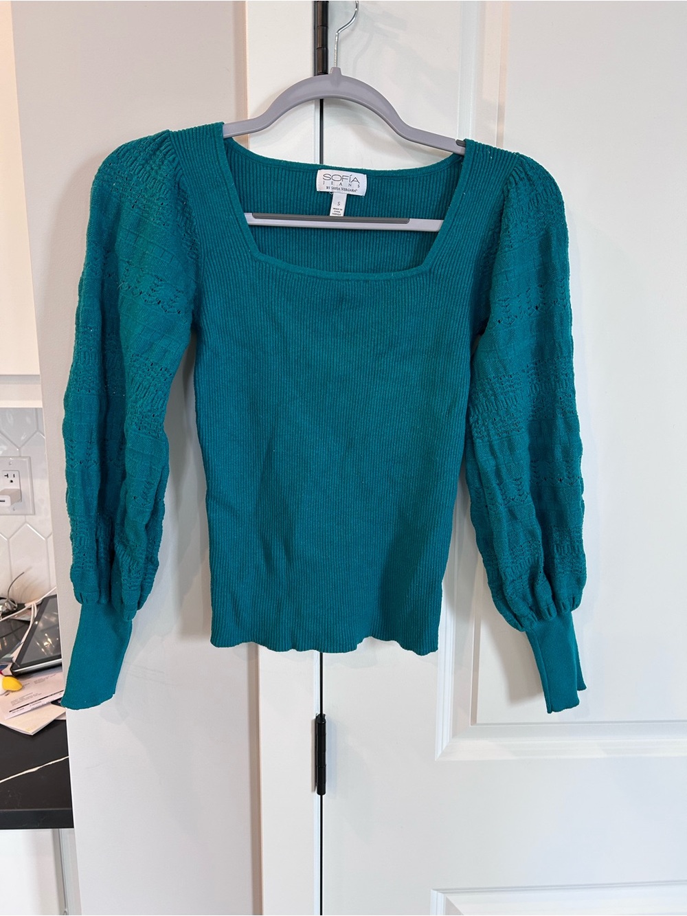 Sofia Jeans by Sofia Vergara Teal Square Neck Puff Sleeve Textured Sweater Boho